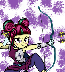 Size: 1024x1130 | Tagged: safe, artist:alligatorgummy, sour sweet, equestria girls, friendship games, g4, rainbow rocks, archery, arrow, bow (weapon), bow and arrow, clothes, credits, female, firing, freckles, gloves, pants, quiver, shine like rainbows, solo