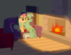 Size: 1175x918 | Tagged: safe, artist:zharkaer, bon bon, lyra heartstrings, sweetie drops, lyra and bon bon and the mares from s.m.i.l.e., my little pony chapter books, bedroom eyes, chocolate, couch, cup, female, fire, fireplace, food, hot chocolate, lesbian, lidded eyes, lyrabon, marshmallow, meme, s.m.i.l.e., scene interpretation, shipping, sitting, sitting lyra, smiling