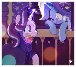 Size: 800x704 | Tagged: safe, artist:ketticat55, starlight glimmer, trixie, pony, unicorn, g4, blushing, cute, eye contact, female, flower, flower in mouth, heart, lesbian, levitation, magic, mare, no pupils, one eye closed, rose, rose in mouth, ship:startrix, shipping, smiling, telekinesis, trixie's wagon, wink