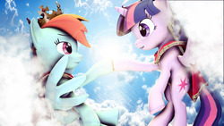 Size: 1920x1080 | Tagged: safe, artist:pointystarz, rainbow dash, twilight sparkle, alicorn, pony, g4, 3d, clothes, crown, female, jewelry, lesbian, regalia, ship:twidash, shipping, twilight sparkle (alicorn)