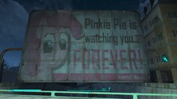 Size: 1600x900 | Tagged: safe, artist:alushythetyrant, screencap, pinkie pie, earth pony, pony, fallout equestria, g4, 3d, billboard, fallout, fallout 4, fanfic, fanfic art, female, forever, game mod, looking at you, mare, ministry mares, ministry of morale, mod, pinkie pie is watching you, poster, propaganda, smiling, solo, text