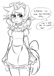 Size: 1280x1792 | Tagged: safe, artist:celine-artnsfw, oc, oc only, oc:pencil point, pony, unicorn, black and white, blushing, clothes, crossdressing, dialogue, embarrassed, grayscale, maid, male, monochrome, solo