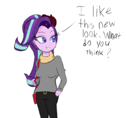 Size: 1088x1024 | Tagged: safe, artist:mildockart, starlight glimmer, equestria girls, g4, clothes, dialogue, equestria girls-ified, female, pants, purse, scarf, simple background, smiling, solo, white background
