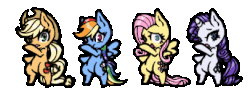 Size: 406x148 | Tagged: safe, applejack, fluttershy, rainbow dash, rarity, g4, gif, non-animated gif, reaction, reaction image, shocked, taiko no tatsujin