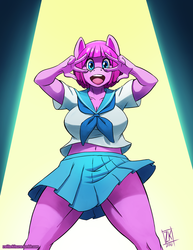 Size: 695x900 | Tagged: safe, artist:zwitterkitsune, pinkie pie, earth pony, anthro, g4, belly button, clothes, cosplay, costume, female, kill la kill, mako mankanshoku, midriff, pleated skirt, skirt, skirt lift, solo, thighs, thunder thighs