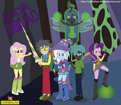 Size: 4667x4039 | Tagged: safe, artist:conikiblasu-fan, discord, fluttershy, queen chrysalis, starlight glimmer, thorax, trixie, changeling, equestria girls, g4, to where and back again, absurd resolution, baseball bat, boots, clothes, crossover, dc comics, dual pistols, dual wield, equestria girls-ified, gun, high heel boots, magic, reformed four, shoes, skirt, socks, suicide squad, tank top, umbrella, weapon