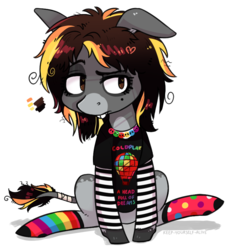 Size: 802x870 | Tagged: safe, artist:kyaokay, oc, oc only, mule, clothes, coldplay, floppy ears, lidded eyes, rainbow socks, shirt, simple background, socks, solo, striped socks, transparent background