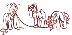 Size: 1180x580 | Tagged: safe, artist:ruef, oc, oc only, oc:arrent quill, oc:lessi, oc:mango tango, firefly (insect), pony, pony town, behaving like a cat, collar, eating, facehoof, leash, monochrome, pet play