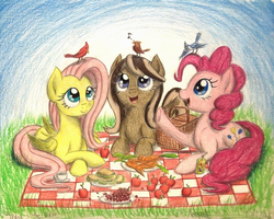 Size: 1332x1068 | Tagged: safe, artist:thefriendlyelephant, fluttershy, pinkie pie, oc, oc:caramel breeze, bird, blue jay, cardinal, pegasus, pony, g4, apple, carrot, commission, cucumber, cucumber sandwiches, food, grapes, juice, juice box, music notes, picnic, picnic basket, picnic blanket, teacup, traditional art