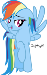 Size: 1814x2883 | Tagged: safe, artist:thumperlikestoast, rainbow dash, pegasus, pony, g4, embarrassed, female, looking at you, open mouth, raised hoof, signature, simple background, smiling, solo, spread wings, transparent background, vector