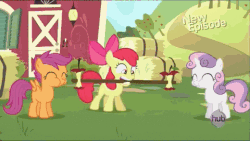 Size: 480x270 | Tagged: safe, edit, edited screencap, screencap, apple bloom, scootaloo, sweetie belle, flight to the finish, g4, animated, apple, cutie mark crusaders, female, food, gif, hub logo, new episode, reversed