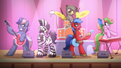 Size: 1833x1031 | Tagged: safe, artist:drawponies, oc, oc only, pegasus, pony, unicorn, zebra, band, bipedal, drums, guitar, keyboard, microphone, musical instrument, singing