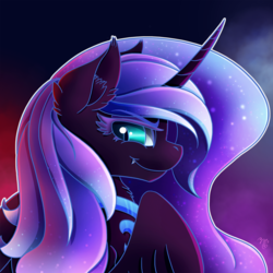 Size: 1500x1500 | Tagged: safe, artist:midnightsix3, nightmare moon, alicorn, pony, g4, fangs, female, looking back, missing accessory, solo