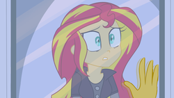 Size: 1024x576 | Tagged: dead source, safe, artist:wubcakeva, part of a set, sunset shimmer, equestria girls, g4, female, part of a series, reflection, solo, wubcakeva's sunset story