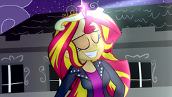 Size: 1024x576 | Tagged: dead source, safe, artist:wubcakeva, part of a set, sunset shimmer, equestria girls, g4, big crown thingy, crown, eyes closed, female, grin, jewelry, part of a series, regalia, scene interpretation, smiling, solo, wubcakeva's sunset story