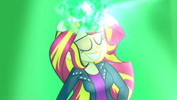 Size: 1024x576 | Tagged: dead source, safe, artist:wubcakeva, part of a set, sunset shimmer, equestria girls, g4, big crown thingy, crown, eyes closed, female, grin, jewelry, part of a series, regalia, scene interpretation, smiling, solo, wubcakeva's sunset story