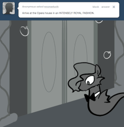 Size: 666x682 | Tagged: safe, artist:egophiliac, princess luna, sea pony, moonstuck, g4, animated, ask, bowtie, cartographer's sophisticated lady's fan, clothes, dress, female, filly, gif, majestic as fuck, monochrome, poseidon's peruke, tumblr, woona, younger