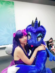 Size: 1080x1440 | Tagged: safe, artist:hutouluosha, artist:rainbow scratch, princess luna, twilight sparkle, alicorn, human, g4, clothes, cosplay, costume, fursuit, implied twiluna, irl, irl human, photo, rainbow scratch(coser), twilight sparkle (alicorn), 糖分(coser)