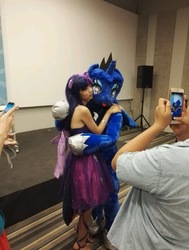 Size: 679x900 | Tagged: safe, artist:hutouluosha, artist:rainbow scratch, princess luna, twilight sparkle, alicorn, human, g4, clothes, cosplay, costume, fursuit, implied twiluna, irl, irl human, photo, rainbow scratch(coser), twilight sparkle (alicorn), 糖分(coser)