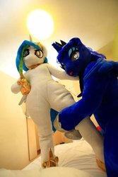 Size: 800x1200 | Tagged: safe, artist:hutouluosha, artist:rainbow scratch, artist:yukandasama, princess celestia, princess luna, g4, fursuit, irl, photo, rainbow scratch(coser), yukandasama(coser)