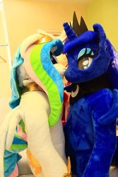 Size: 800x1200 | Tagged: safe, artist:hutouluosha, artist:rainbow scratch, artist:yukandasama, princess celestia, princess luna, human, g4, fursuit, irl, irl human, photo, rainbow scratch(coser), yukandasama(coser)