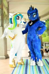 Size: 800x1200 | Tagged: safe, artist:hutouluosha, artist:rainbow scratch, artist:yukandasama, princess celestia, princess luna, human, g4, fursuit, irl, irl human, photo, rainbow scratch(coser), yukandasama(coser)