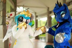 Size: 1200x800 | Tagged: safe, artist:hutouluosha, artist:rainbow scratch, artist:yukandasama, princess celestia, princess luna, human, g4, fursuit, irl, irl human, photo, rainbow scratch(coser), yukandasama(coser)