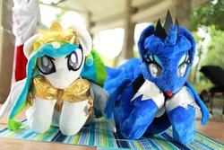 Size: 1200x800 | Tagged: safe, artist:hutouluosha, artist:rainbow scratch, artist:yukandasama, princess celestia, princess luna, human, g4, fursuit, irl, irl human, photo, rainbow scratch(coser), yukandasama(coser)