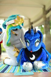 Size: 800x1200 | Tagged: safe, artist:hutouluosha, artist:rainbow scratch, artist:yukandasama, princess celestia, princess luna, human, g4, fursuit, irl, irl human, photo, rainbow scratch(coser), yukandasama(coser)