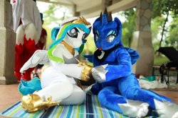 Size: 1200x800 | Tagged: safe, artist:hutouluosha, artist:rainbow scratch, artist:yukandasama, princess celestia, princess luna, human, g4, fursuit, irl, irl human, photo, rainbow scratch(coser), yukandasama(coser)