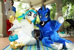 Size: 1200x800 | Tagged: safe, artist:hutouluosha, artist:rainbow scratch, artist:yukandasama, princess celestia, princess luna, human, g4, fursuit, irl, irl human, photo, rainbow scratch(coser), yukandasama(coser)