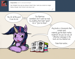 Size: 870x687 | Tagged: safe, artist:dreamingnoctis, twilight sparkle, ask asylum twilight, g4, book, censorship, horn, horn cap, magic suppression