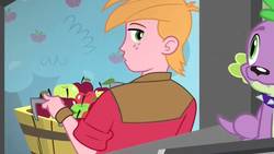 Size: 1280x720 | Tagged: safe, screencap, big macintosh, spike, dog, equestria girls, g4, apple, food, male, spike the dog