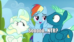 Size: 1280x720 | Tagged: safe, edit, edited screencap, screencap, rainbow dash, sky stinger, vapor trail, pegasus, pony, g4, top bolt, cuckolding, female, image macro, male, mare, meme, shipper on deck, stallion, this will end in tears