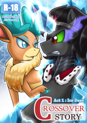Size: 800x1131 | Tagged: safe, artist:vavacung, king sombra, velvet (tfh), deer, pony, reindeer, unicorn, comic:crossover story, them's fightin' herds, comic, community related, cover, cover art, crossover, duo, female, frozen horn, looking at each other, looking at someone, male, patreon, sombra eyes