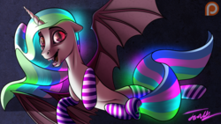 Size: 1000x563 | Tagged: safe, princess celestia, bat pony, pony, g4, bat wings, belly, belly button, clothes, female, glowing, glowing mane, looking at you, nightmare fuel, socks, solo, striped socks