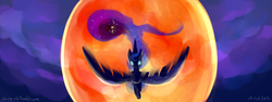 Size: 1200x450 | Tagged: safe, artist:chirpy-chi, princess luna, pony, g4, blood moon, female, flying, glowing eyes, moon, solo