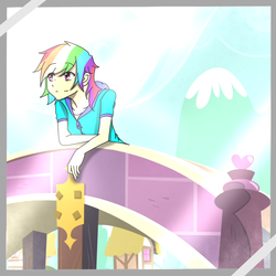 Size: 1024x1024 | Tagged: safe, artist:danteayagawe, rainbow dash, human, g4, bridge, female, humanized, solo