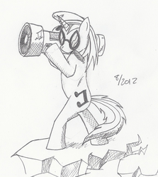 Size: 1144x1282 | Tagged: safe, artist:arctic-lux, dj pon-3, vinyl scratch, pony, g4, bass cannon, bipedal, female, monochrome, solo, traditional art