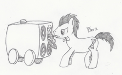 Size: 1480x907 | Tagged: safe, artist:arctic-lux, doctor whooves, time turner, earth pony, pony, g4, bass cannon, doctor who, male, monochrome, solo, sonic screwdriver, stallion, traditional art