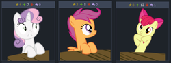 Size: 1814x669 | Tagged: safe, apple bloom, scootaloo, sweetie belle, derpibooru, g4, bowtie, cutie mark crusaders, facial expressions, forced juxtaposition, horn, juxtaposition, juxtaposition win, kissy face, meme, meta, table, wings