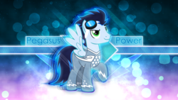 Size: 3840x2160 | Tagged: safe, artist:chainchomp2 edits, artist:game-beatx14, soarin', pony, g4, my little pony: friendship is magic, rainbow falls, goggles, high res, male, racing suit, raised hoof, solo, wallpaper