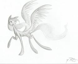 Size: 2036x1687 | Tagged: safe, artist:triplerainbowdash, oc, oc only, pegasus, pony, butt wings, monochrome, pencil drawing, solo, traditional art