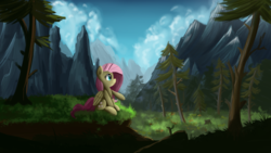 Size: 1280x720 | Tagged: safe, artist:ailynd, fluttershy, pegasus, pony, g4, cloud, female, forest, mountain, scenery, sitting, solo