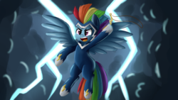 Size: 1280x720 | Tagged: safe, artist:ailynd, rainbow dash, zapp, pegasus, pony, g4, power ponies (episode), female, flying, lightning, power ponies, solo