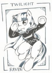 Size: 968x1363 | Tagged: safe, artist:hurtywing, twilight sparkle, g4, cape, clothes, crossover, dc comics, female, grayscale, inktober, leotard, monochrome, raven (dc comics), solo, teen titans, traditional art, twiraven, voice actor joke