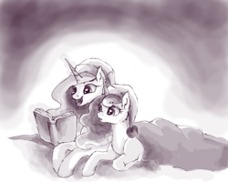 Size: 1500x1200 | Tagged: safe, artist:buttersprinkle, princess celestia, princess luna, g4, blanket, book, clothes, duo, grayscale, hat, levitation, magic, monochrome, nightcap, open mouth, prone, reading, royal sisters, smiling, telekinesis