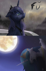 Size: 792x1224 | Tagged: safe, artist:theoddlydifferentone, princess celestia, princess luna, bird, g4, crying, despair, eyes closed, floppy ears, mare in the moon, moon, rain, sad, screaming, stars