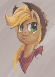 Size: 600x849 | Tagged: safe, artist:typicalgib, applejack, earth pony, pony, g4, bandana, bust, female, hat, neckerchief, portrait, smirk, solo