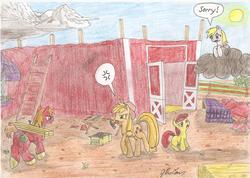 Size: 2336x1664 | Tagged: safe, artist:stardustchild01, apple bloom, applejack, big macintosh, derpy hooves, earth pony, pony, g4, barn, cloud, hammer, ladder, male, mouth hold, stallion, traditional art